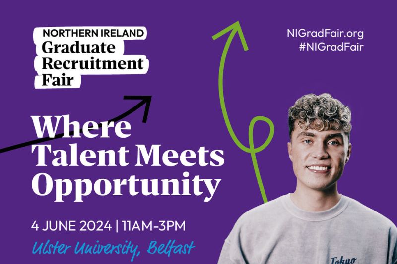 student standing smiling to camera purple background with text NI Grad Fair